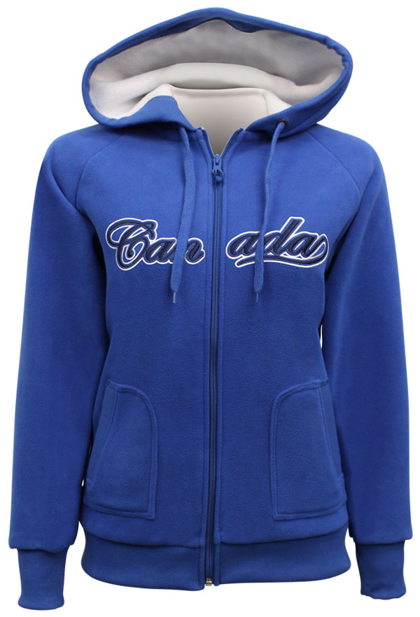 royal blue zip hoodie with cream color wool lining